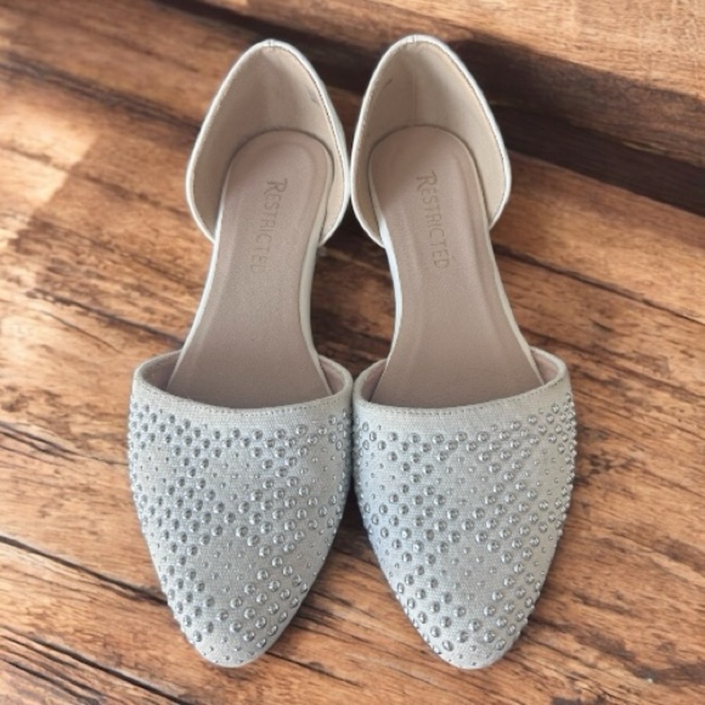 Restricted Pointed Toe Flats | Size 7M | Studded White Slip-On Shoes